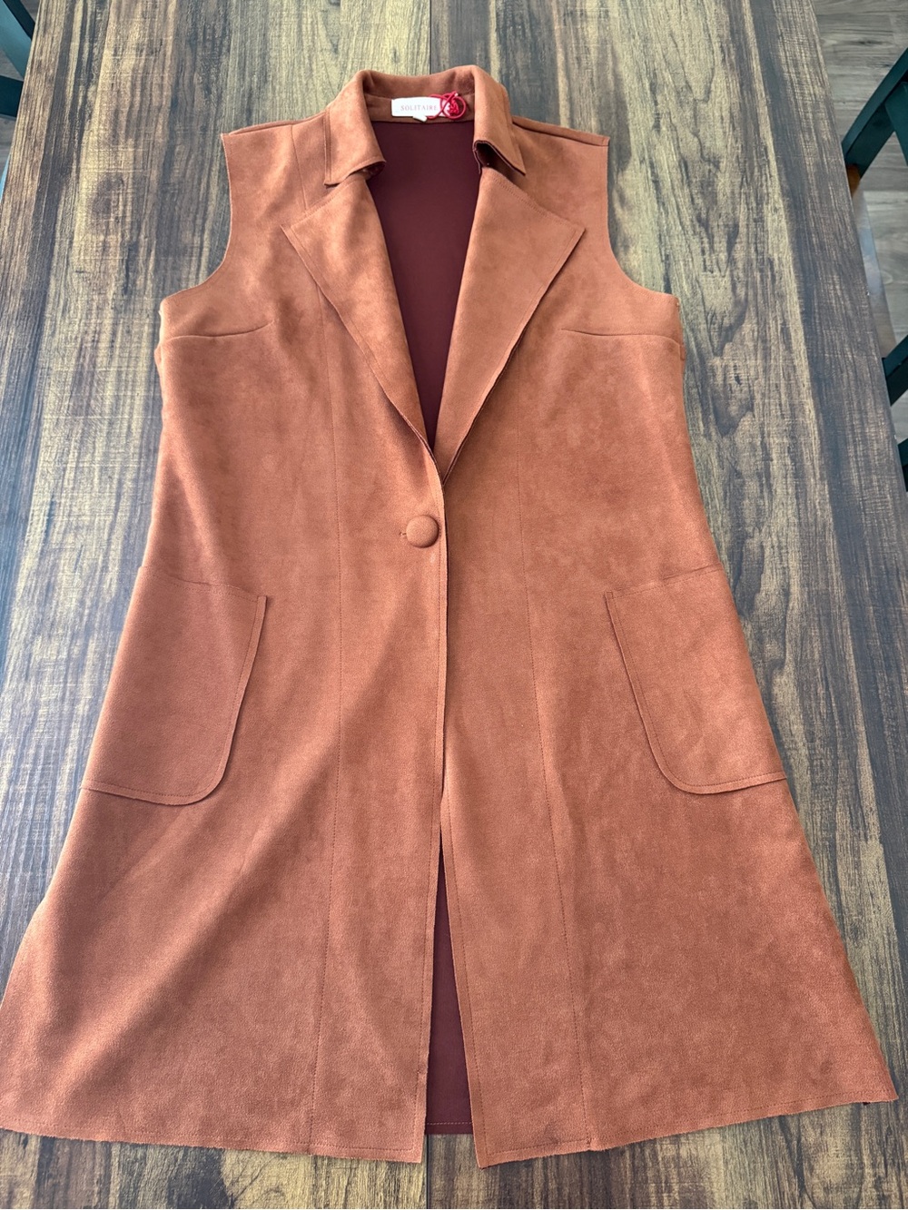 Solitaire Rust Brown Suede-Look Sleeveless Long Vest